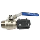 Thumbnail of Inline metal valve with a blue handle, one side has male NPT threads and the other side has an AIRpipe piping connector
