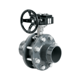 Thumbnail of Simple metal ball valve with a black wheel shaped handle and AIRpipe clamp style connectors on both ends