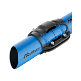Thumbnail of Section drawing showing AIRpipe branded blue aluminum pipes cut at an angle and joined in the middle with an AIRpipe piping connector