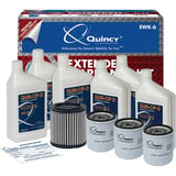 Thumbnail of An image showing a Quincy EWK-6 service kit for the QP-5 and QP-7.5 showing 6 Quarts Quin-Cip D Synthetic Fluid, 1 Washable Polyester Air Filter Element, 3 Oil Filters and 10 Maintenance Reminder Stickers
