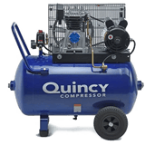Thumbnail of Blue wheelbarrow style Quincy Air compressor with a handle, rubber feet, and a fan shroud