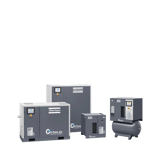 Thumbnail of Atlas Copco oil free air compressor series products, shows a variety of 4 oil-free scroll type compressors, all in dark grey cabinets, one on top of a horizontally mounted receiver tank