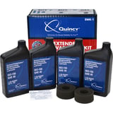 Thumbnail of a picture of a Quincy EWK-1 Extended Warranty & Maintenance Kit for Single-Stage Air Compressors. Image shows that it Includes 4 quarts of Quincy 40-weight compressor oil, 2 replacement air filter elements, and 10 maintenance reminder stickers