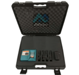 Thumbnail of Black plastic case lined with foam containing a set of jaws for the AIRpipe lugging machine
