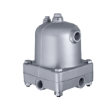 Thumbnail of A silver WD80 Water Seperator Atlas automatic drain part with a cylindrical top and rectangular base, featuring multiple bolt connections and pipe inlets.