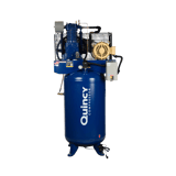 Thumbnail of Quincy QT5-15 air compressor unit- a 2-stage air pump with cooling fins and motor within a wire belt shroud and a grey control box on top of a vertically oriented receiver tank. All painted blue