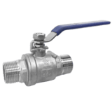 Thumbnail of Simple metal ball valve with a blue locking handle and male NPT threads on both ends