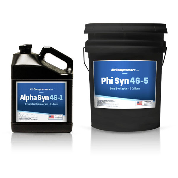 Two black containers of aircompressors.com labeled oils