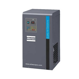 Dark Grey Atlas Copco FX HT Series compressed air dryer with blue labeling and electronic control board on a white background