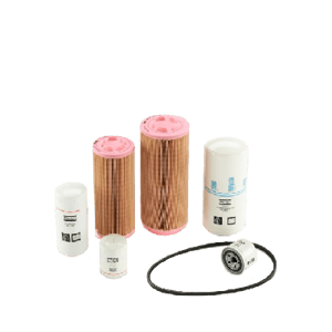 Atlas Copco Part Kits materials- several filters, filter elements, and an O-ring against a clear background