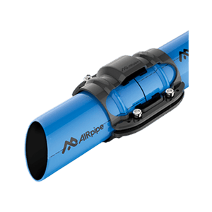 Section drawing showing AIRpipe branded blue aluminum pipes cut at an angle and joined in the middle with an AIRpipe piping connector