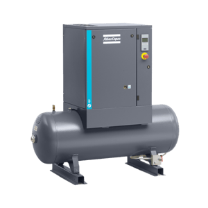 Atlas G2 Rotary Screw Compressor with tank mount, front facing, grey product with blue stripe