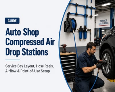 Picture of a Auto Shop Compressed Air Station and a technician in the shop using an air ratchet gun.