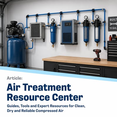 A picture of a work bench with a Air tank, dryers and filters on the wall. 
