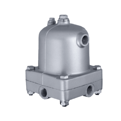 A silver WD80 Water Seperator Atlas automatic drain part with a cylindrical top and rectangular base, featuring multiple bolt connections and pipe inlets.