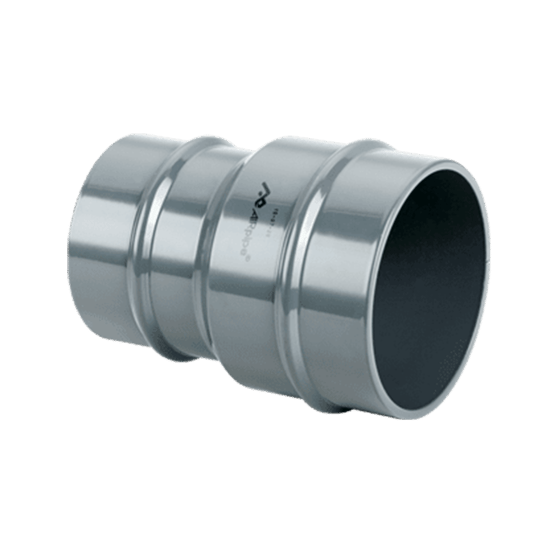 Grey metal connector inline with different sizes of AIRpipe piping connectors on either side