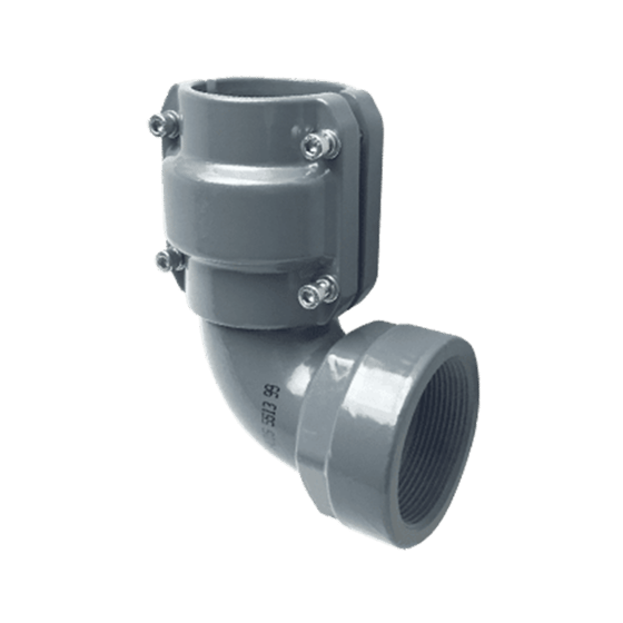 Grey metal right angle elbow with clamp style piping connector on one side and female NPT threads on the other side