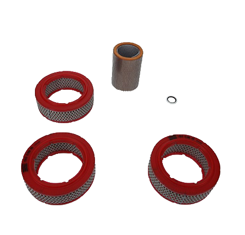 Atlas Copco air and oil filter kit (SKU: 1503612960) featuring muffler elements, air filters, and seal washer; designed for LE series stationary oil-injected compressors with a 2000-hour or 1-year service interval.