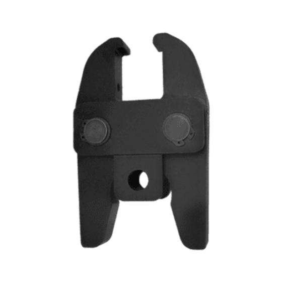 Black metal jaw head set for pipe lugging machine. The master jaws are made to hold the size-specific lugging heads needed for many different sizes of aluminum piping