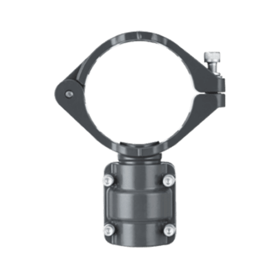 clamp-on style grey metal quick drop connector with a smaller diameter air fitting coming out at a straight angle