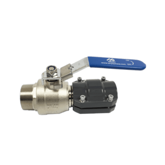 Simple metal ball valve with a blue locking handle and AIRpipe clamp style connectors on one end and male NPT threads on the other end