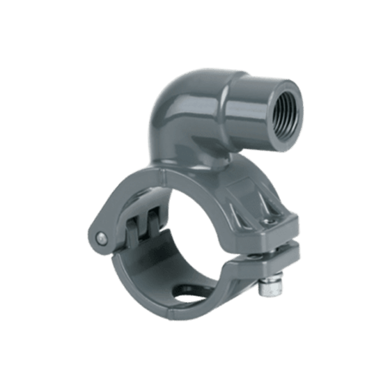 clamp-on style grey metal quick drop connector with a smaller diameter air fitting coming out at a right angle with female NPT threads