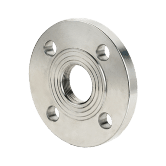Silver colored stainless steel ansi flange with female NPT threads inside