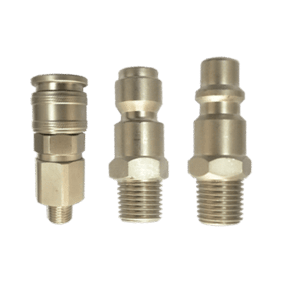 Set of 3 common brass colored fittings used to connect tools to a piping system
