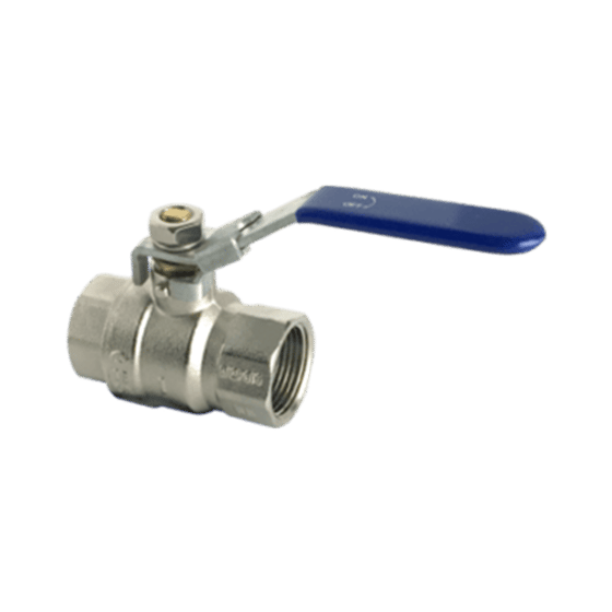 Simple metal ball valve with a blue handle and NPT threads on both ends