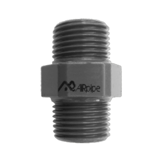 Dark grey metal adapter with male NPT threads on both sides