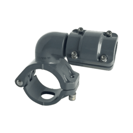 clamp-on style grey metal quick drop connector with a smaller diameter air fitting coming out at a right angle