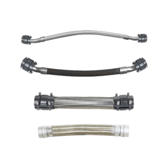 Set of 4 different styles of braided stainless steel flex hoses. 3 have clamp stlye piping connectors on both ends, in different colors and sizes. The last one has standard lugged AIRpipe connectors