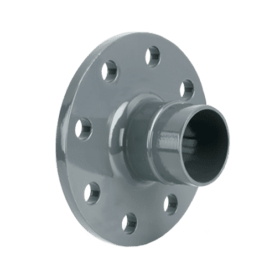 Grey aluminum flange which adapts one size of flange ended piping to another size using an AIRpipe connector
