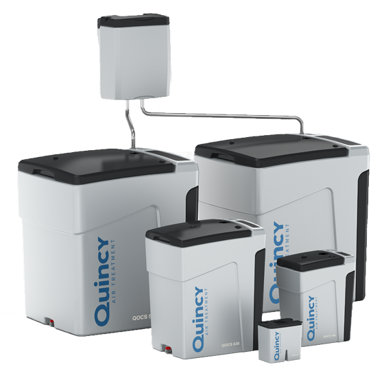 Lineup of Quincy QOCS Series Oil/Water Separators in multiple sizes for compressed air systems