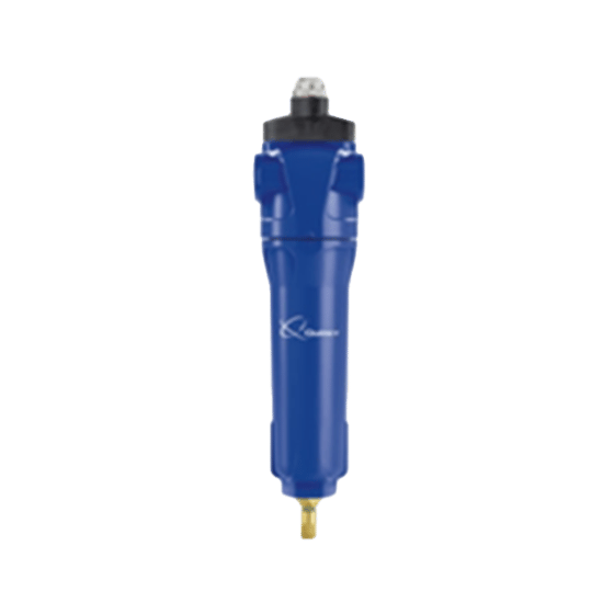 Quincy QMF Coalescer Compressed Air Filter with analog dP gauge painted blue with brass NPT fitting
