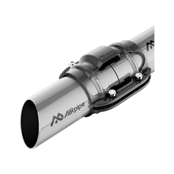 Section drawing showing AIRpipe branded gray aluminum pipes cut at an angle and joined in the middle with an AIRpipe piping connector
