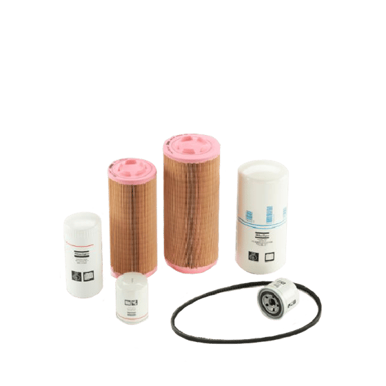 Arrangement of Atlas Copco Part Kit Components- two orange filter elements, four white spin-on filters, and a black rubber o-ring