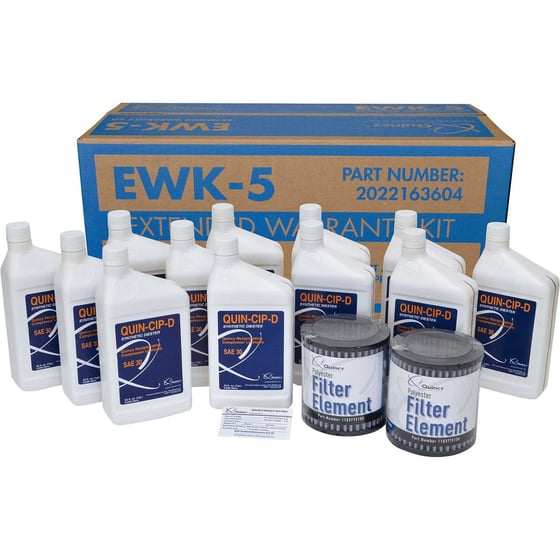 A picture of a Quincy Parts Extended Warranty Kit EWK-5 for the QT-15 showing 12 Quarts Quin-Cip D Synthetic Fluid, 2 Premium Polyester OEM Air Filter Elements ands 10 Maintenance Reminder Stickers