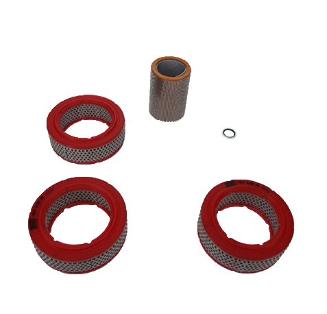 Atlas Copco air and oil filter kit (SKU: 1503612960) featuring muffler elements, air filters, and seal washer; designed for LE series stationary oil-injected compressors with a 2000-hour or 1-year service interval.