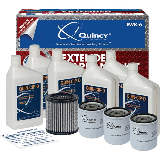 An image showing a Quincy EWK-6 service kit for the QP-5 and QP-7.5 showing 6 Quarts Quin-Cip D Synthetic Fluid, 1 Washable Polyester Air Filter Element, 3 Oil Filters and 10 Maintenance Reminder Stickers