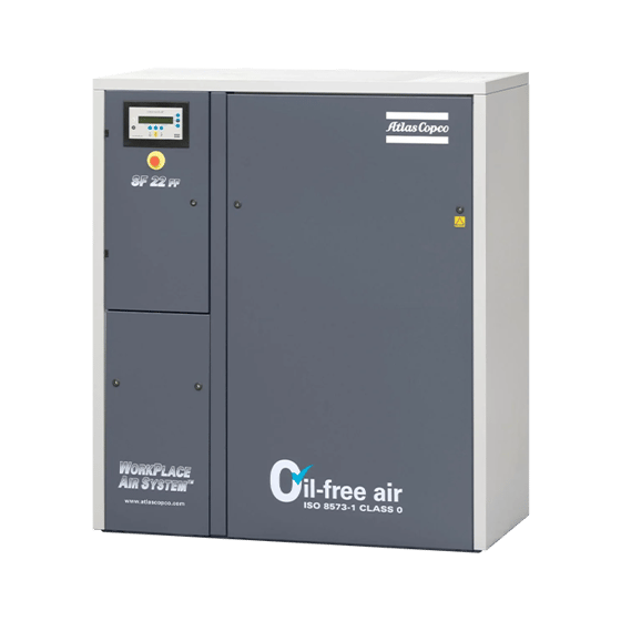 Atlas copco grey cabinet style oil-free SF air compressor with electronic controls
