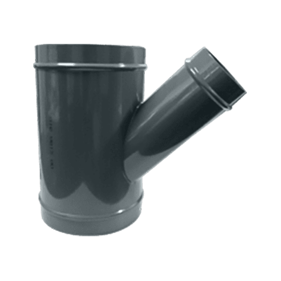 Grey metal wye fitting with two equal sized AIRpipe connections on both sides, and another different sized connection splitting off at an angle