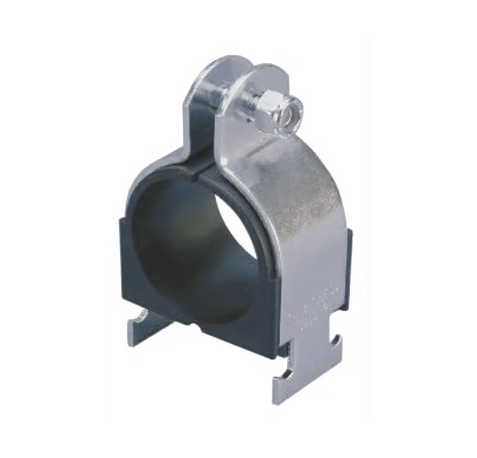 Gray steel clamp closed by a nut with a rubber cushion built in and mounting points for unistrut