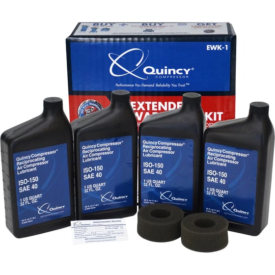 a picture of a Quincy EWK-1 Extended Warranty & Maintenance Kit for Single-Stage Air Compressors. Image shows that it Includes 4 quarts of Quincy 40-weight compressor oil, 2 replacement air filter elements, and 10 maintenance reminder stickers