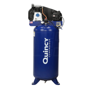 small blue quincy single stage air compressor on a stationary vertical tank