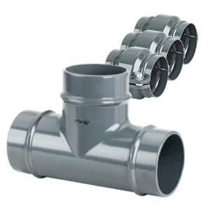 Aluminum AIRpipe equal tee fitting with three union connectors for compressed air systems, quick-connect, corrosion-resistant, ISO 8573-1 certified
