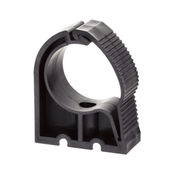 Dark grey plastic clip for attaching pipe to a surface
