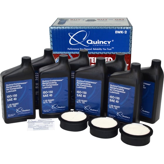 an Image of the Quincy Extended Warranty Kit- QT-54 with 8 quarts Quincy 40-weight compressor oil, 3 air filter elements and 10 maintenance reminder stickers