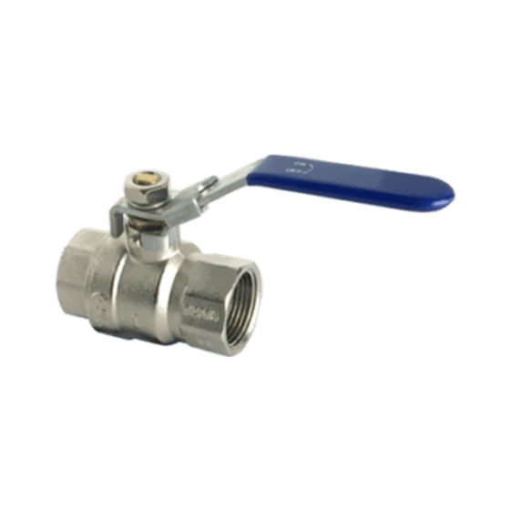 Simple metal ball valve with a blue handle and NPT threads on both ends