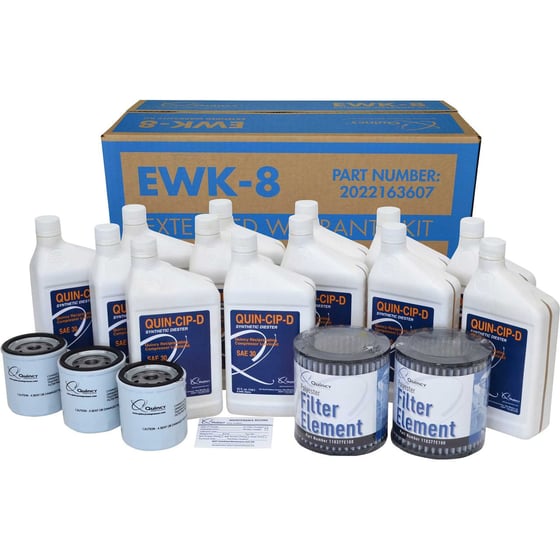 Image of the Quincy Parts Extended Warranty Kit EWK-8 for the QP-15 compressor showing 13 Quarts Quin-Cip D Synthetic Fluid, 2 Washable Polyester Air Filter Elements, 3 Oil Filters and 10 Maintenance Reminder Stickers